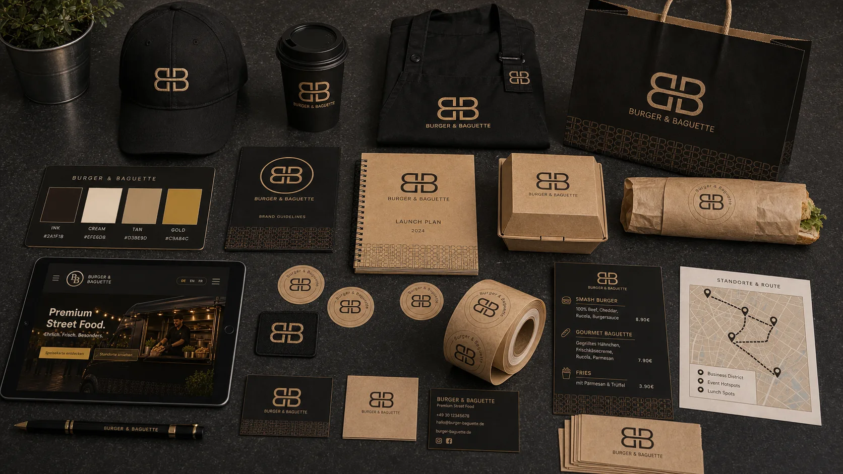 Burger & Baguette brand system flatlay